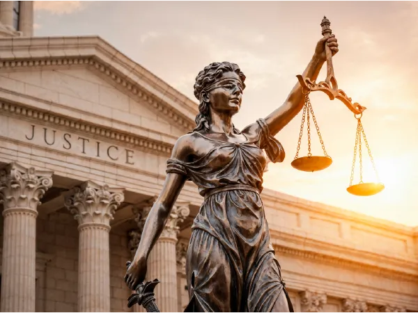 Statue of Lady Justice in front of a courthouse